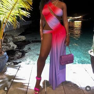 Fal-ash Vibrant Red and Purple Cutout Maxi Dress